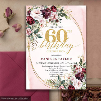 Modern Boho Burgundy Roses 60th Birthday Invite Einladung