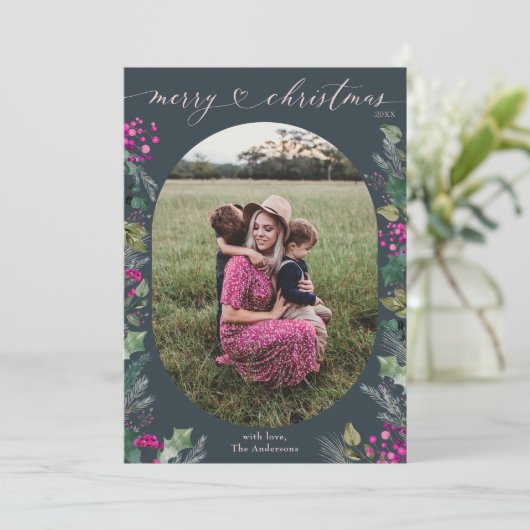 Modern Boho Chic Blue Pink Foto Weihnachten (Stehend Vorderseite)