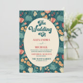 Modern Boho Chic Retro Colorful Floral Wedding Einladung (Stehend Vorderseite)