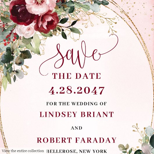 Modern Boho Deep Red Blush Gold Floral Save Date Einladung