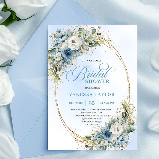 Modern Boho Dusty Blue Flowers Gold Bridal Shower Einladung