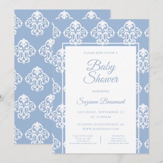 Modern Boho Dusty Blue White Baby Dusche Einladung (Vorne/Hinten)