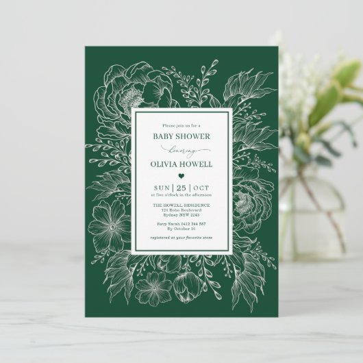 Modern Boho Emerald Floral Bouquet Babydusche Einladung (Stehend Vorderseite)