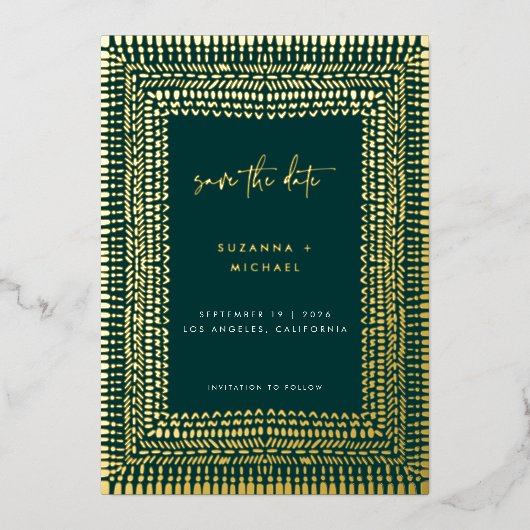Modern Boho Emerald Green Frame Wedding Rett Date Folieneinladung (Vorderseite)