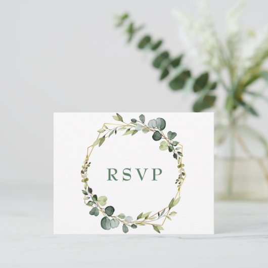 Modern Boho Eucalyptus Wreath Frame Wedding RSVP Postkarte (Stehend Vorderseite)