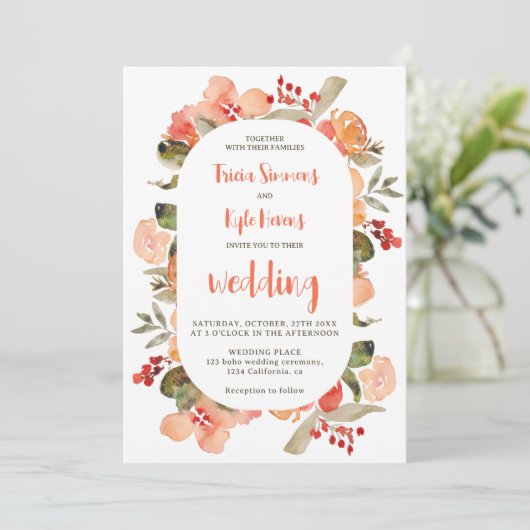 Modern Boho fall terracotta floral script wedding Einladung (Stehend Vorderseite)