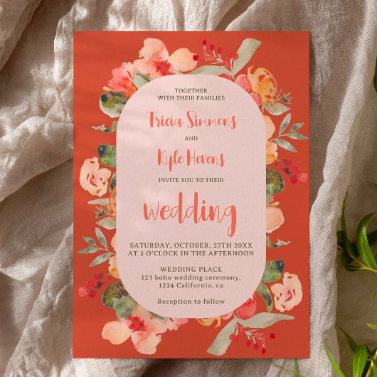 Modern Boho fall terracotta script floral wedding Einladung