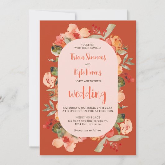 Modern Boho fall terracotta script floral wedding Einladung (Vorderseite)