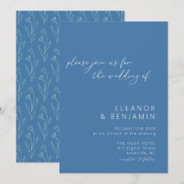 Modern Boho Floral Line Art Blue Script Hochzeit Einladung