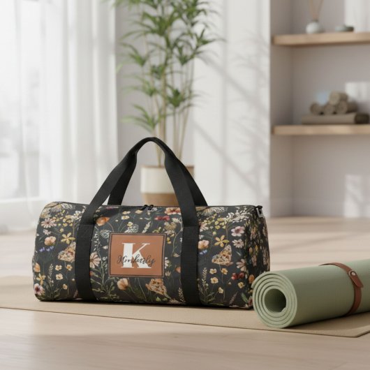 Modern Boho Floral Monogram Name Duffle Bag