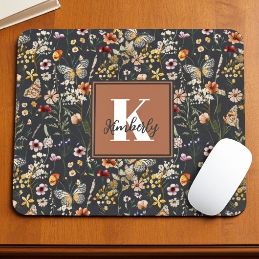 Modern Boho Floral Monogram Name Mousepad