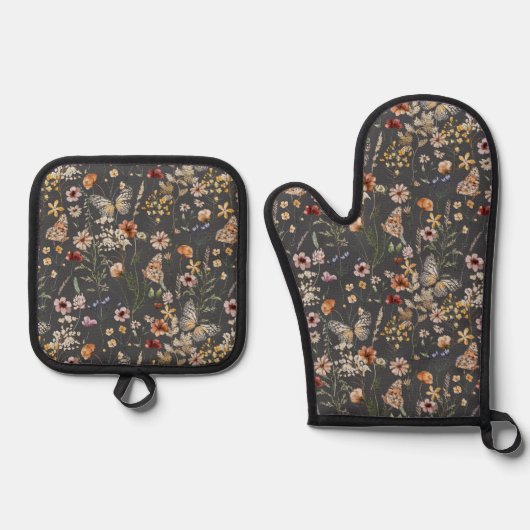 Modern Boho Floral Monogram Name Ofenhandschuh & Topflappen-Set (Vorderseite)