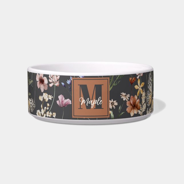 Modern Boho Floral Monogrammed Pet  Napf (Vorderseite)