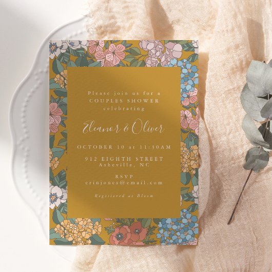 Modern Boho Floral Mustard Yellow Couples Shower Einladung