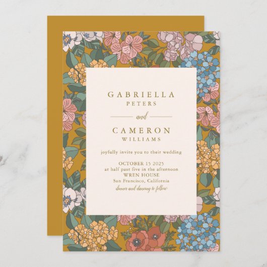 Modern Boho Floral Mustard Yellow Wedding Einladung (Vorne/Hinten)
