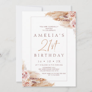 Modern Boho Floral Pampas Grass 21. Geburtstag Einladung