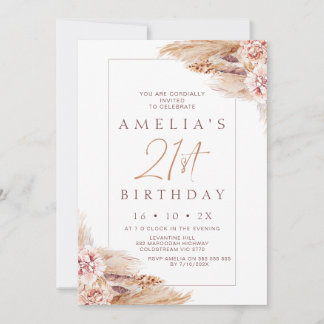 Modern Boho Floral Pampas Grass 21. Geburtstag Einladung