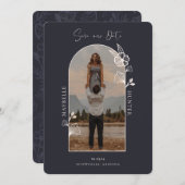 Modern Boho Floral Rose Foto Arch Schwarz Save The Date (Vorne/Hinten)