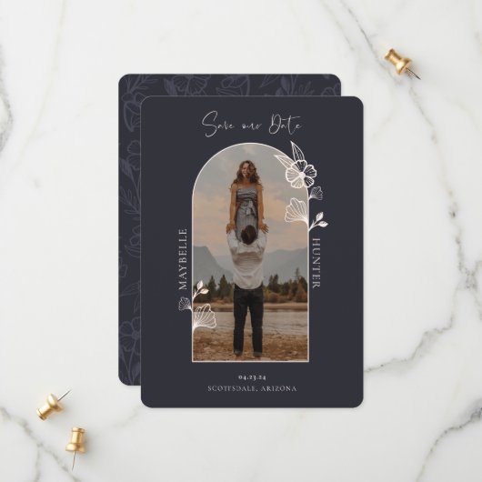 Modern Boho Floral Rose Foto Arch Schwarz Save The Date (Vorderseite/Rückseite Beispiel)