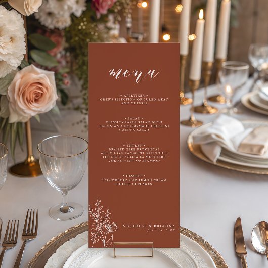 Modern Boho Floral Terracotta Burnt Orange Wedding Menükarte