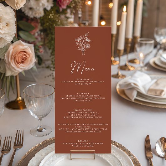 Modern Boho Floral Terracotta Burnt Orange Wedding Menükarte