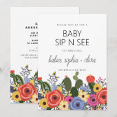Modern Boho floral Twin Baby Sip und sehen Einladung (Vorne/Hinten)