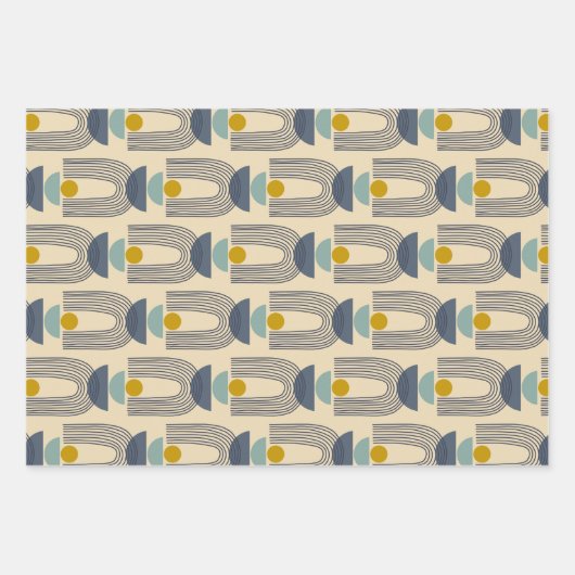 Modern Boho Formen Linien Muster in blau Geschenkpapier Set (Vorderseite)