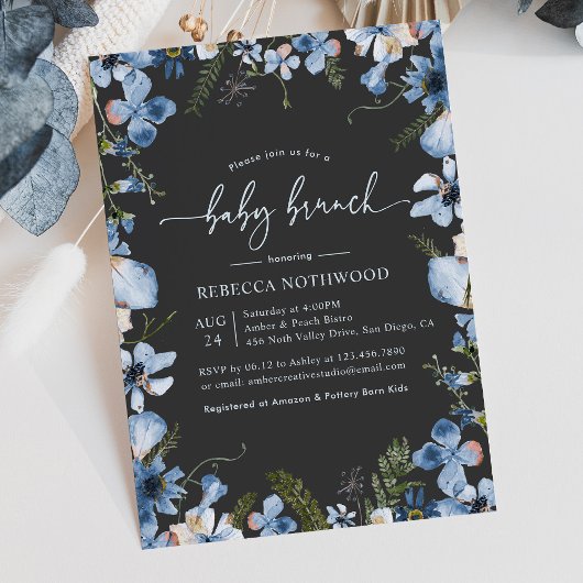 Modern Boho Gray Blue Floral Baby Brunch Dusche Einladung
