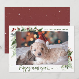 Modern Boho Greenery Burgundy Neujahrsfest Foto Feiertagskarte