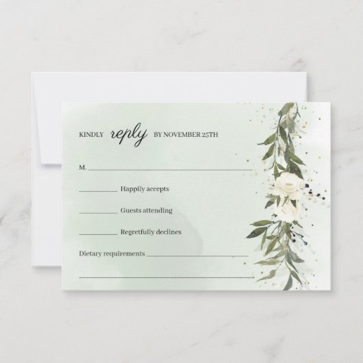 Modern Boho Greenery Olive Wreath White Roses RSVP Karte (Vorderseite)