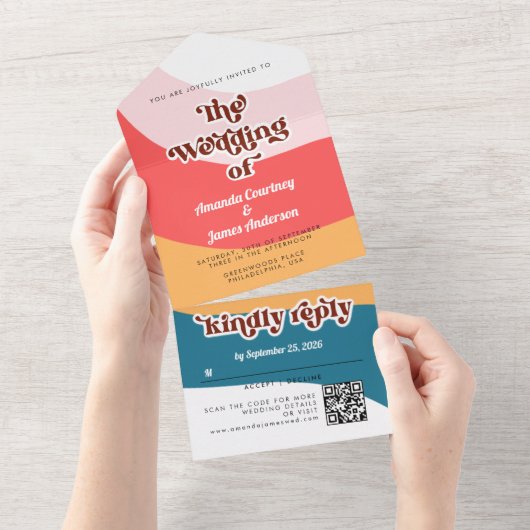 Modern Boho Groovy Retro 70er Wedding All In One Einladung (Abreißen)