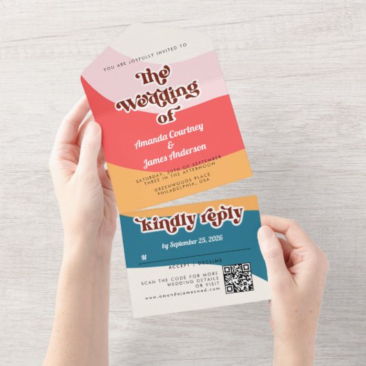 Modern Boho Groovy Retro 70er Wedding All In One Einladung (Abreißen)