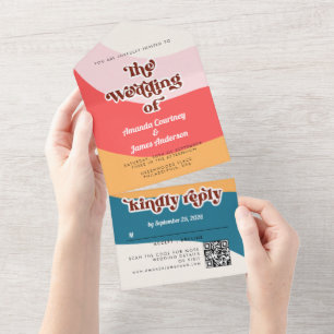 Modern Boho Groovy Retro 70er Wedding All In One Einladung