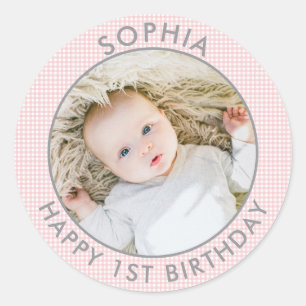 Modern Boho Happy 1. Geburtstag Foto Niedlich Runder Aufkleber