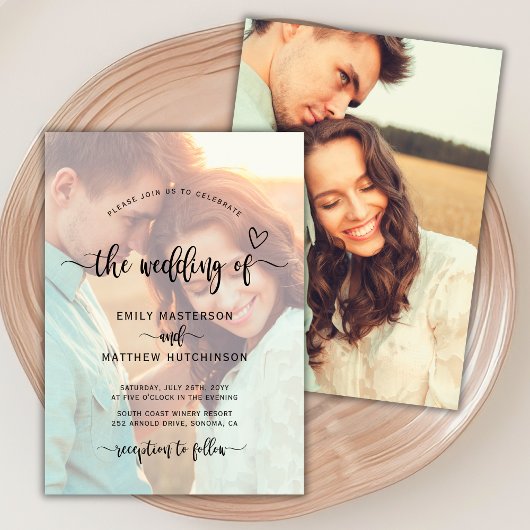 Modern Boho Heart Script Foto Overlay Wedding Einladung