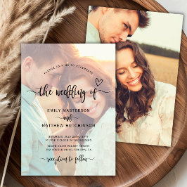 Modern Boho Heart Script Foto Overlay Wedding Einladung