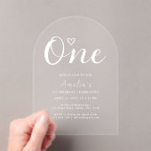 Modern Boho Heart White Script First Birthday Acryleinladungen (Insitu (Handheld))