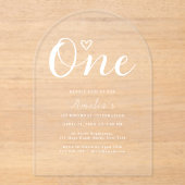 Modern Boho Heart White Script First Birthday Acryleinladungen (Vorderseite)