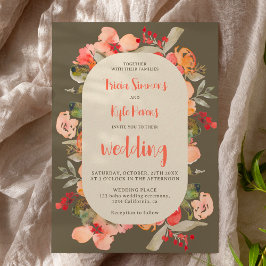 Modern Boho Herbst Terrakotta Grün Blumen Hochzeit Einladung