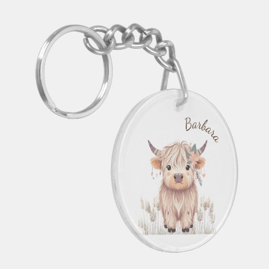 Modern Boho Highland Cow Schlüsselanhänger (Vorderseite links)