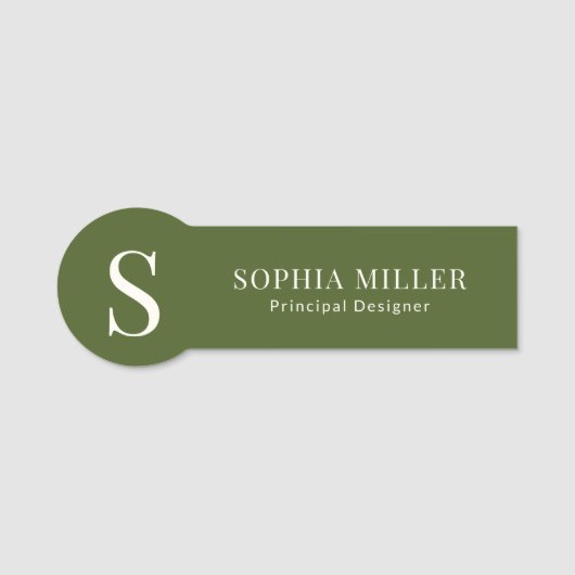 Modern Boho Interior Designer Monogram Olive Green Namensschild (Vorderseite)