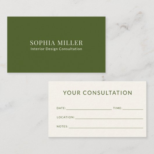 Modern Boho Interior Designer Olive Green & Cream Terminkarte (Vorne/Hinten)