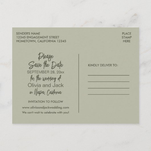Modern Boho Minimalistisch Sage Green Save the Dat Postkarte (Rückseite)
