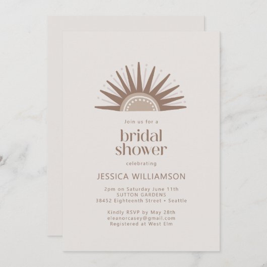 Modern Boho Nature Sun Motif Taupe Brautparty Einladung (Vorne/Hinten)