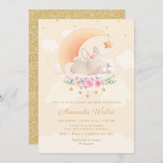 Modern Boho Niedlich Watercolor Bunny Girl Babydus Einladung (Vorne/Hinten)