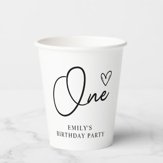 Modern Boho One Heart First Birthday Pappbecher (Vorderseite)