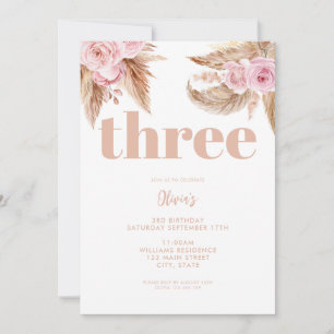 Modern Boho Pampas Floral 3. Geburtstag Einladung