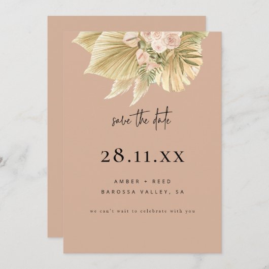Modern Boho Pampas Gras Blütenrot Rosa Save The Date (Vorne/Hinten)