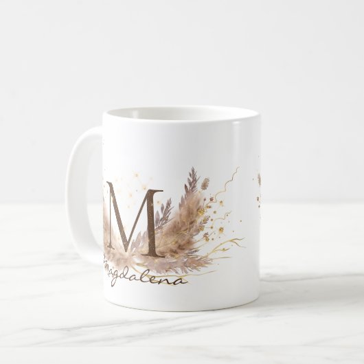 Modern Boho Pampas Grass Glam Fx Glitzer Monogram Kaffeetasse (Vorderseite Links)
