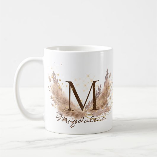 Modern Boho Pampas Grass Glam Fx Glitzer Monogram Kaffeetasse (Links)